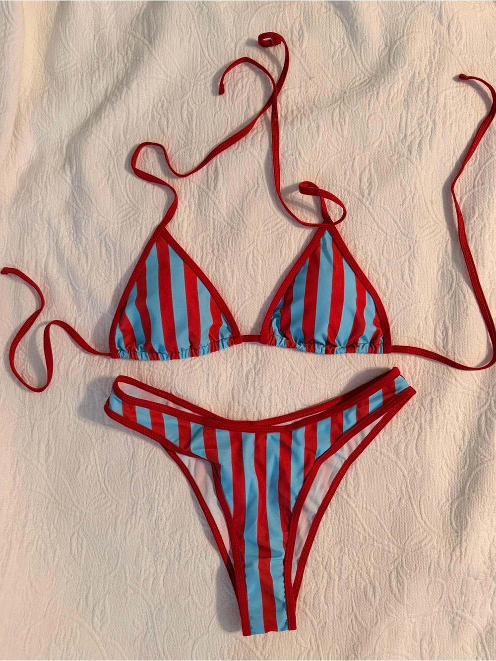 SHEIN Red & Blue Striped Triangle Bikini Set